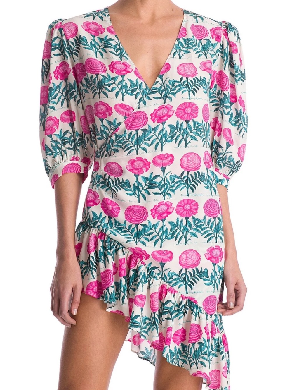 Andriana Degreas Pink Floral Wrap Dress with Teal Foliage, sz Med